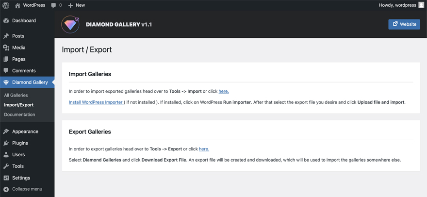 Diamond Gallery - WordPress image carousel with lightbox export import