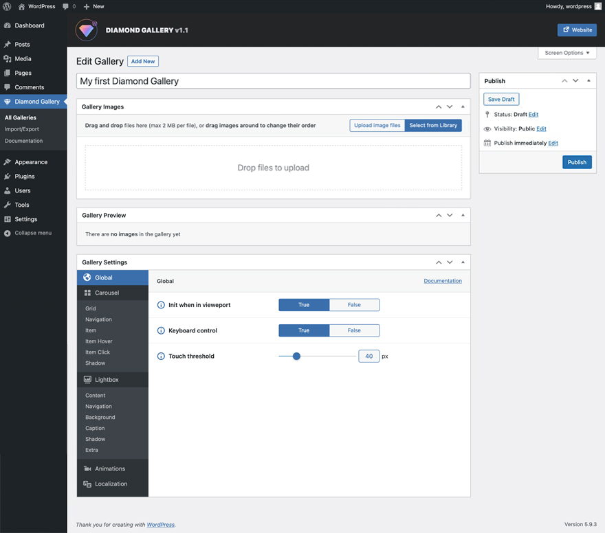 Diamond Gallery - WordPress image carousel with lightbox getting started detailed