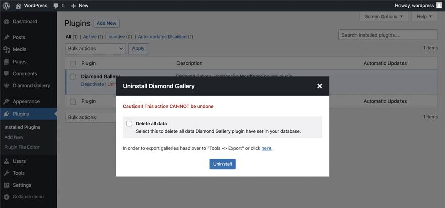 Diamond Gallery - WordPress image carousel with lightbox uninstallation